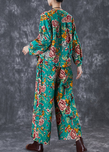 Green Print Chinese Button Linen Two Piece Set Fall
