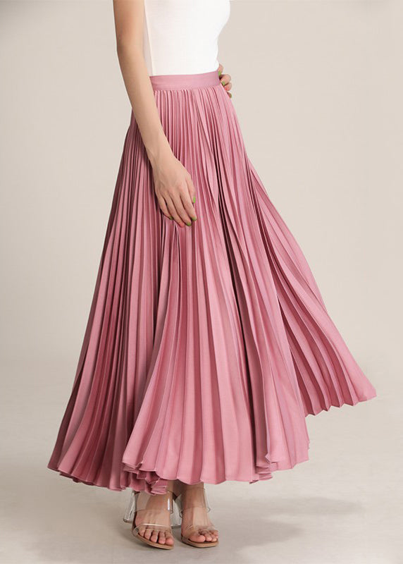 Pink High Waist Silk Pleated Skirt Zippered Summer