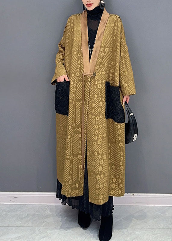 Natural Yellow V Neck Print Pockets Long Trench Coats Long Sleeve