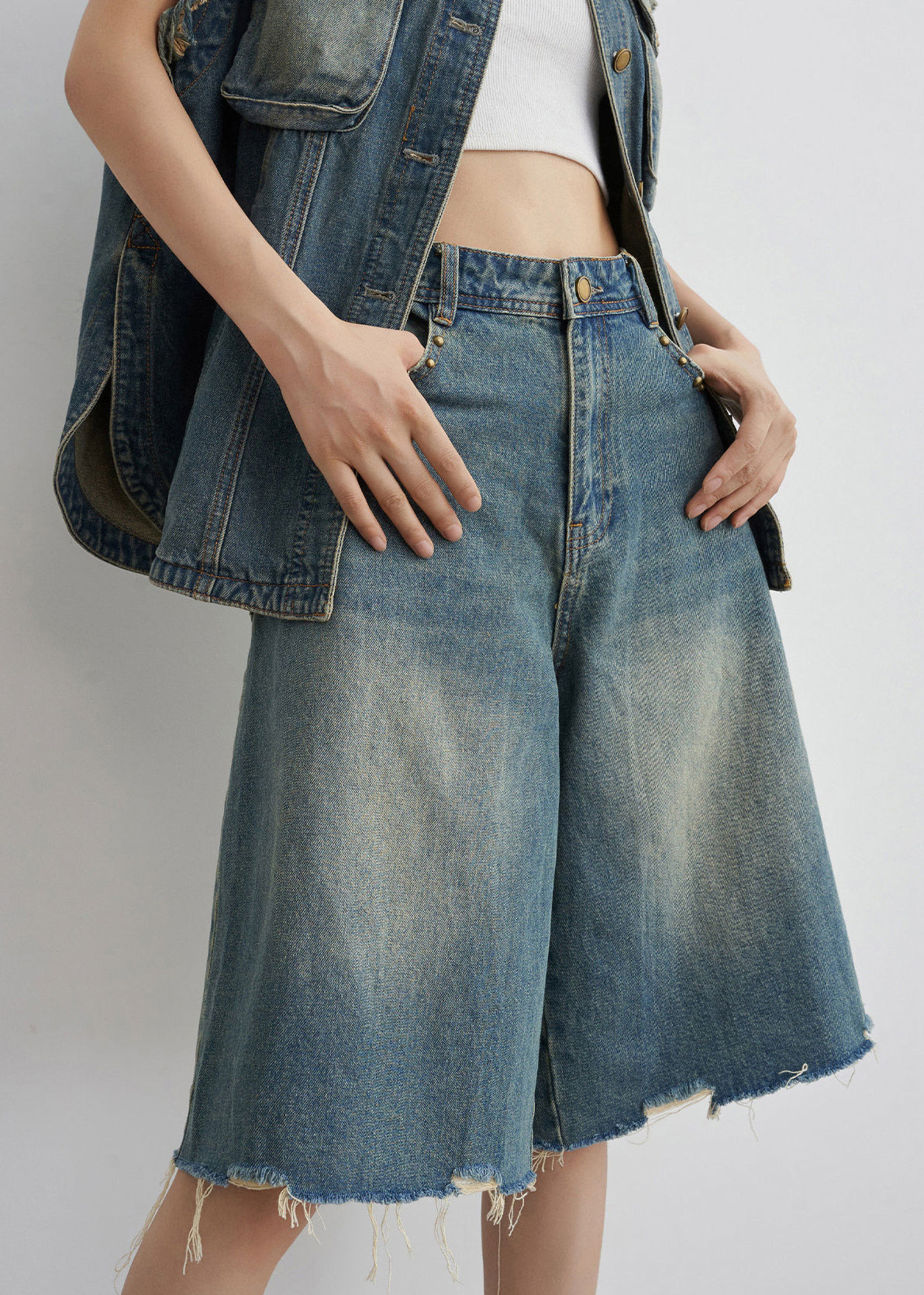 Blue Nail Bead Button Denim Two-piece Set Summer