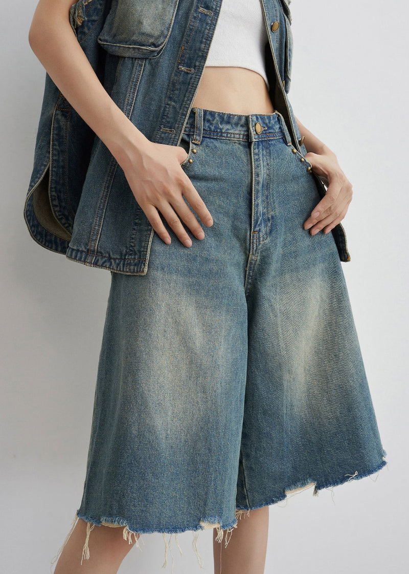 Blue Nail Bead Button Denim Two-piece Set Summer
