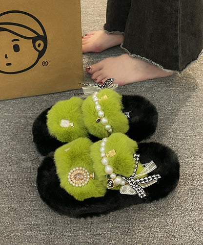 New Khaki Nail Bead Bow Platform Teddy Slide Sandals