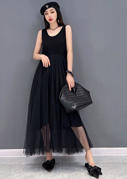 Black Patchwork Tulle Chiffon Two-piece Set Asymmetrical Summer