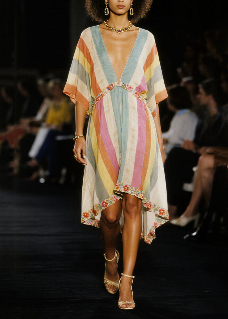Multicolored V Neck Patchwork Cotton Mid Dress Summer
