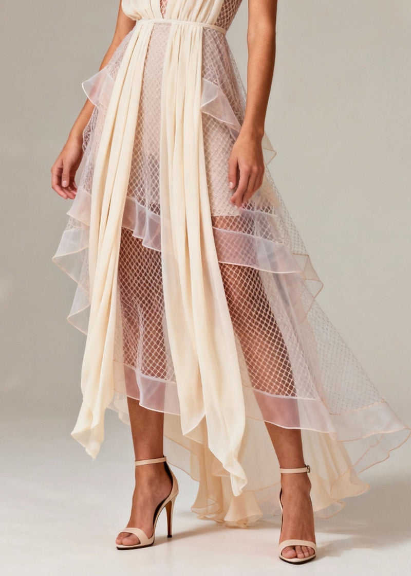 Beige V Neck Patchwork Mesh Long Dress Summer
