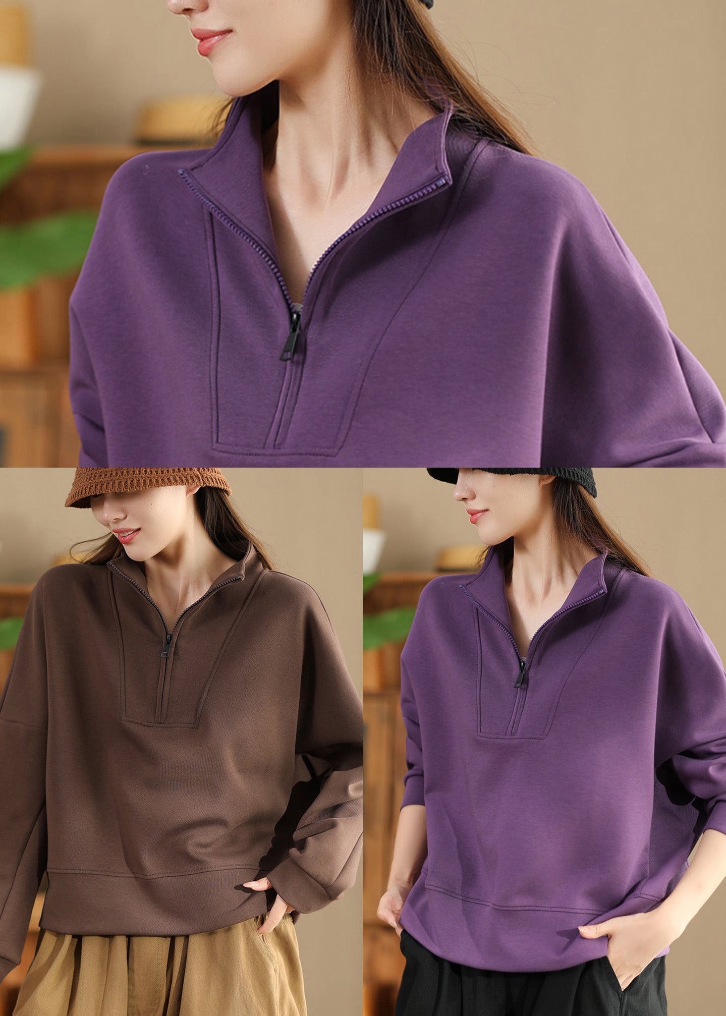 Purple Zip Up Cotton Pullover Spring