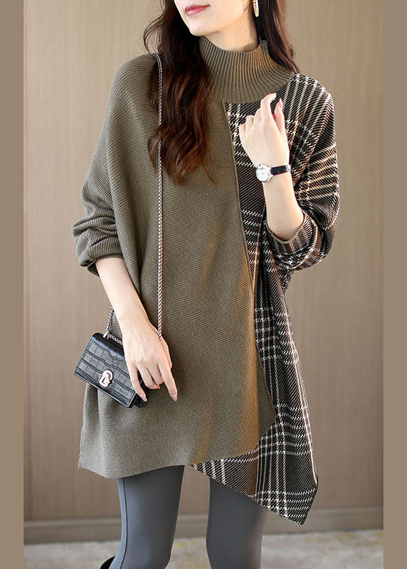 Brown Turtleneck Patchwork Plaid Fall Sweater