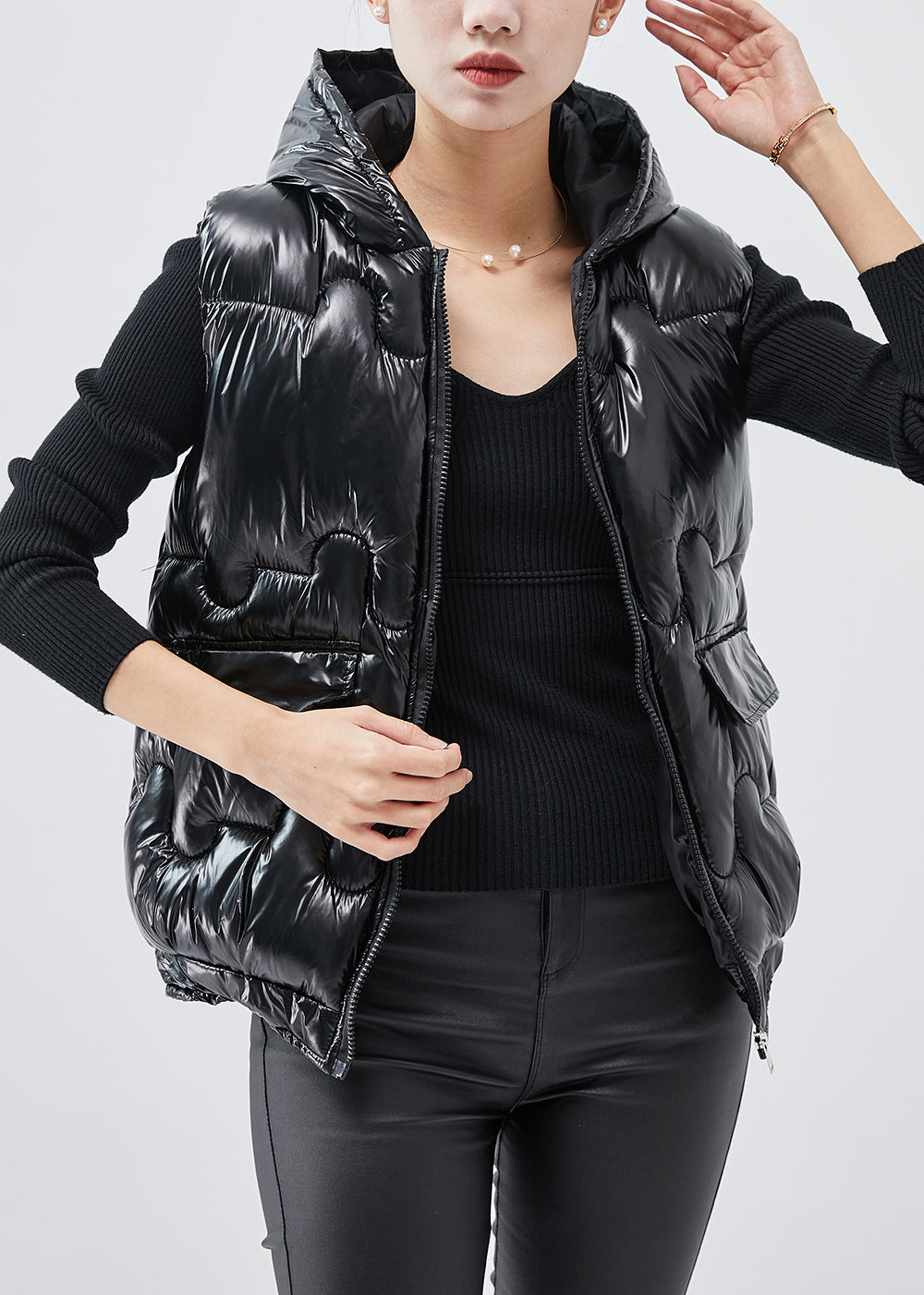 Black Hooded Fine Cotton Filled Vests Winter