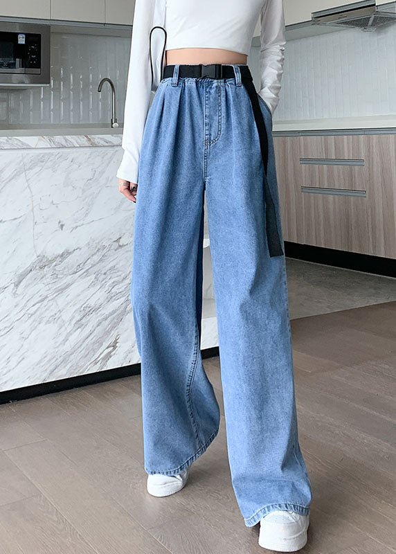 Blue Original Design Elastic Waist Pockets Cotton Denim Wide Leg Pants Summer