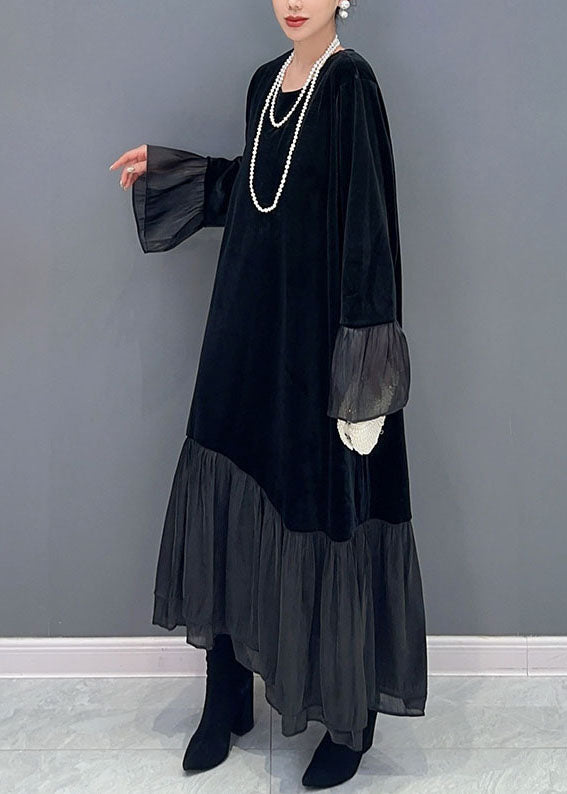 Black Tulle Patchwork Silk Velour Maxi Dress Fall