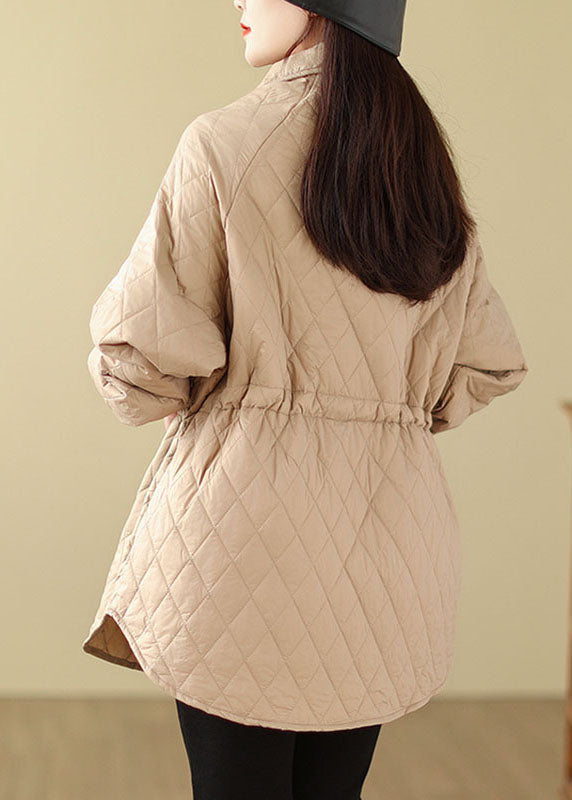 Khaki Stand Collar Drawstring Zippered Pockets Parkas Coats Winter