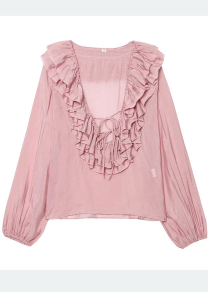 Sky Blue Ruffled Cotton Shirt Tops Summer