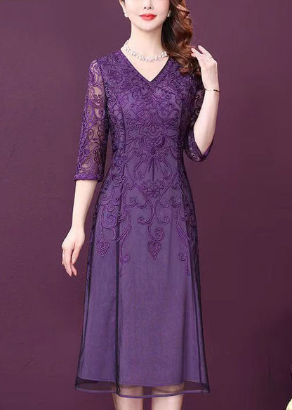 Purple V Neck Lace Patchwork Tulle Dresses Half Sleeve Spring