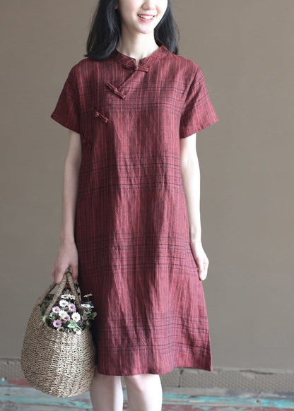 Dark Red Plaid Stand Collar Chinese Style Button Linen a Line Dresses Short Sleeve