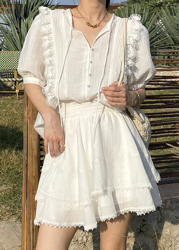 Art White Lace Up Lace Shirts and Skirts Cotton Two-piece Set Summer