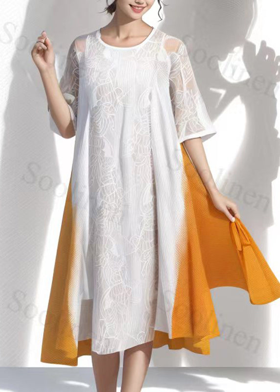 French White Patchwork Hollow Out Silk Long Dresses Short Sleeve