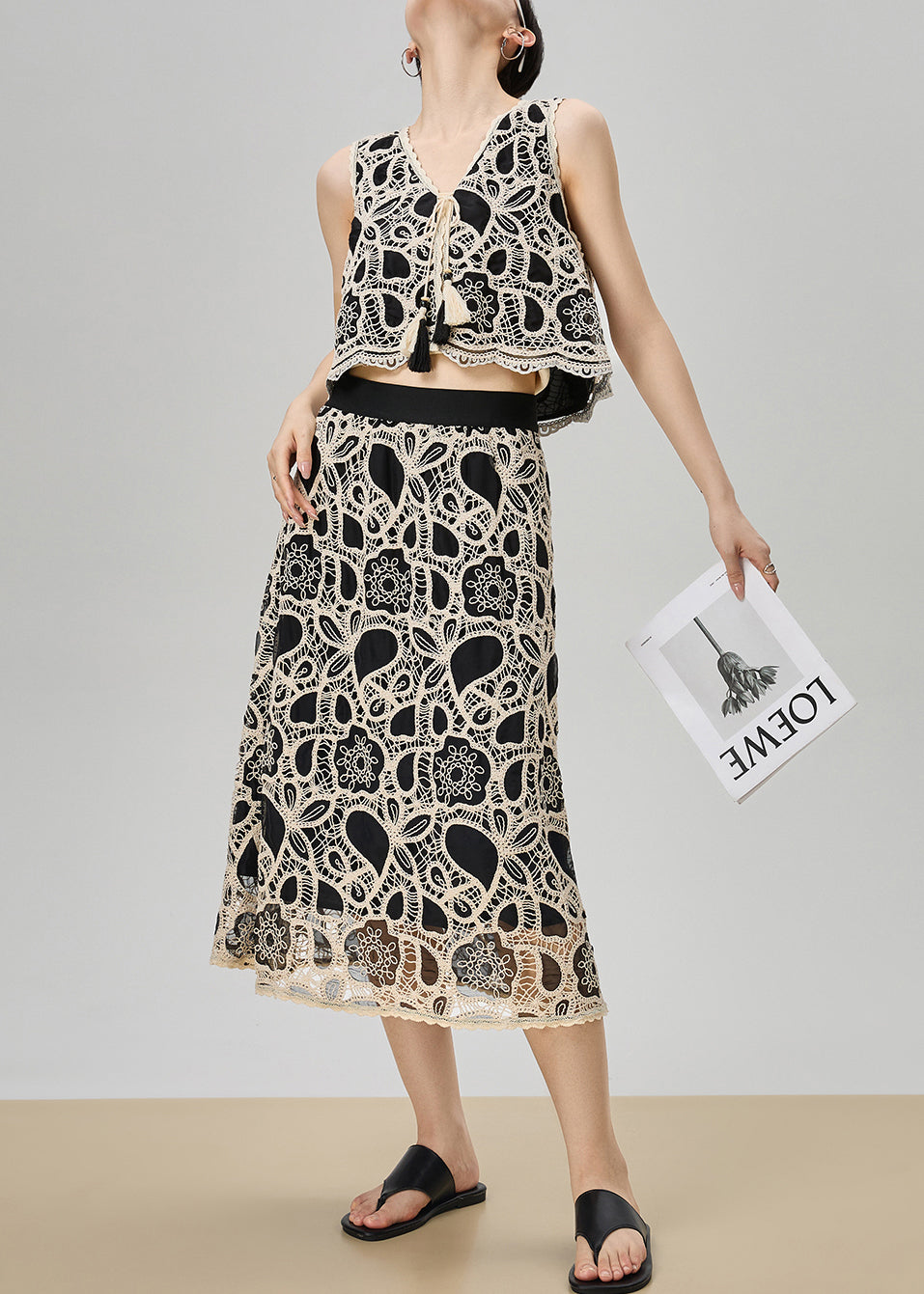 French Black Embroidered Lace Up Tank and Skirts Cotton Two Pieces Set Sleeveless