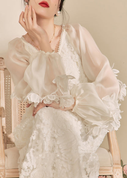 White V Neck Tulle Maxi Dresses Fall
