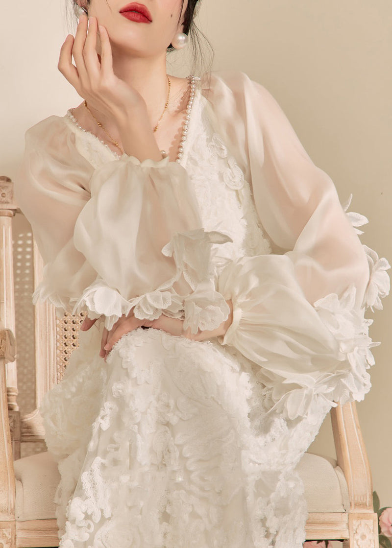 White V Neck Tulle Maxi Dresses Fall