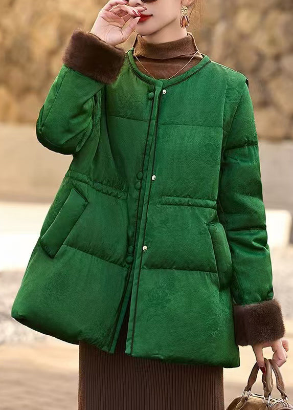 Green Cinched Jacquard Duck Down Down Coat Winter