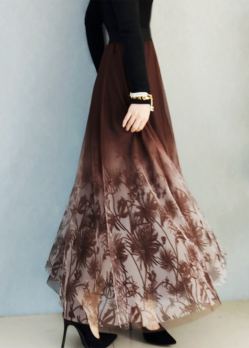 Embroideried Elastic Waist Tulle a Line Skirt Spring