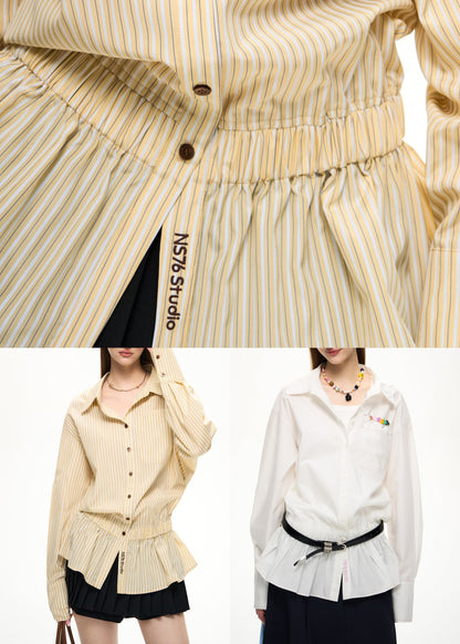 New Yellow Embroidered Striped Elastic Waist Shirt Lantern Sleeve