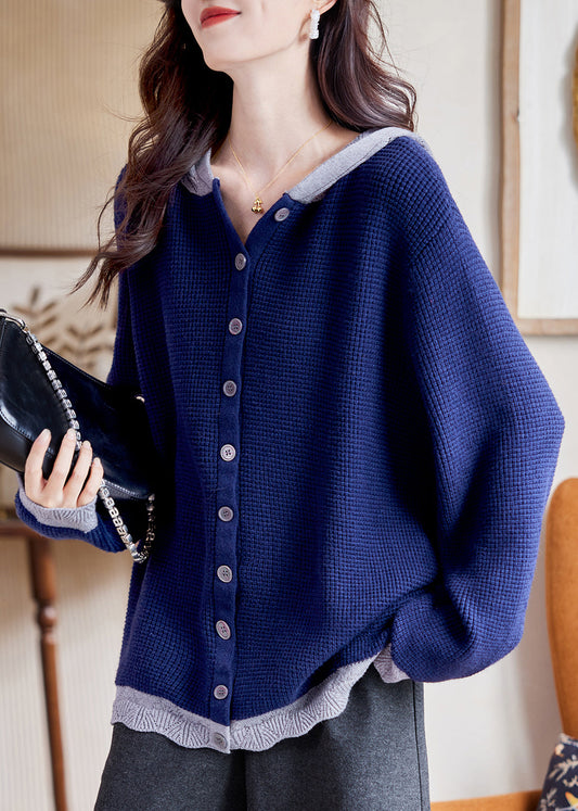 Blue Patchwork Button Cotton Hooded Knit Cardigan Fall
