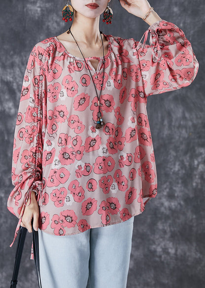 Red Cinched Print Shirt Top Fall