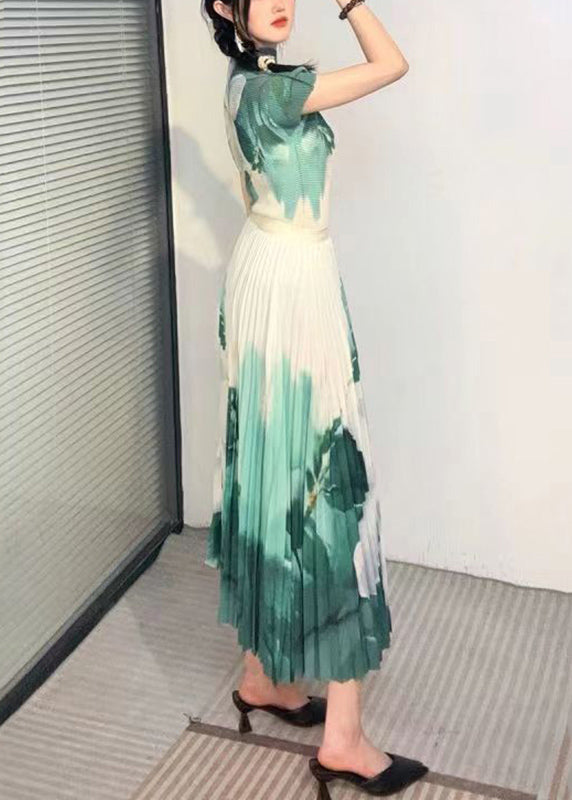Italian Green Turtleneck Print Top and Skirts Two Piece Set Short Sleeve