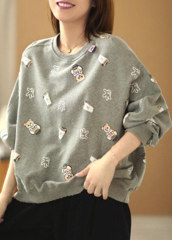 Grey Loose O-neck Print Fall Pullover Street Wear