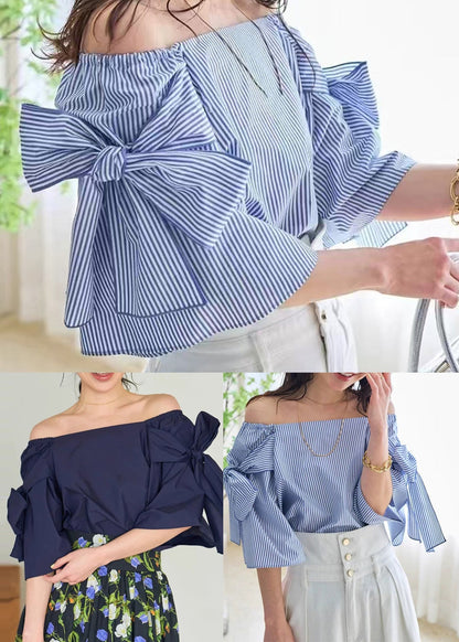 Navy Cold Shoulder Cotton Shirt Top Summer