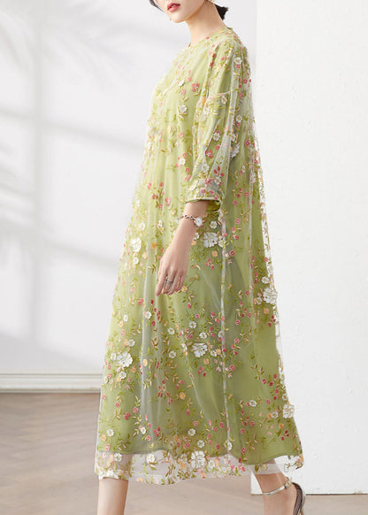 Original Green O-neck Embroideried Patchwork Tulle Dress Fall