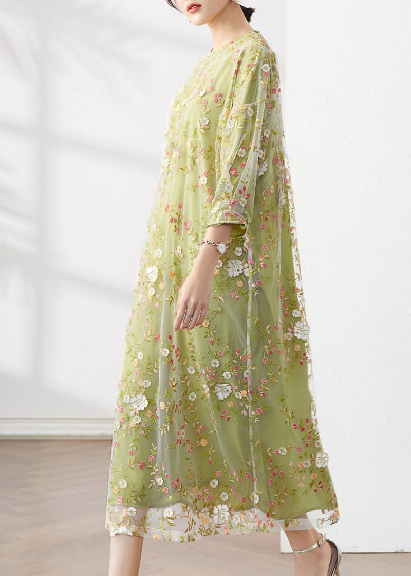 Original Green O-neck Embroideried Patchwork Tulle Dress Fall