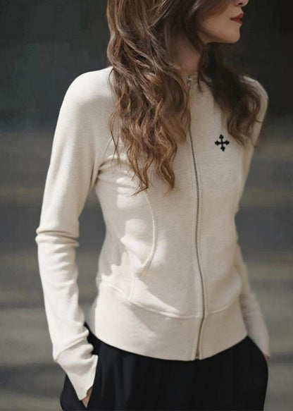 Slim Fit Beige O-neck Zip Up Patchwork Cotton Coats Fall