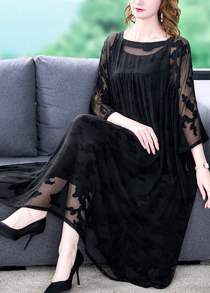 Black Square Collar Embroideried Chiffon Dress Two Pieces Set Summer
