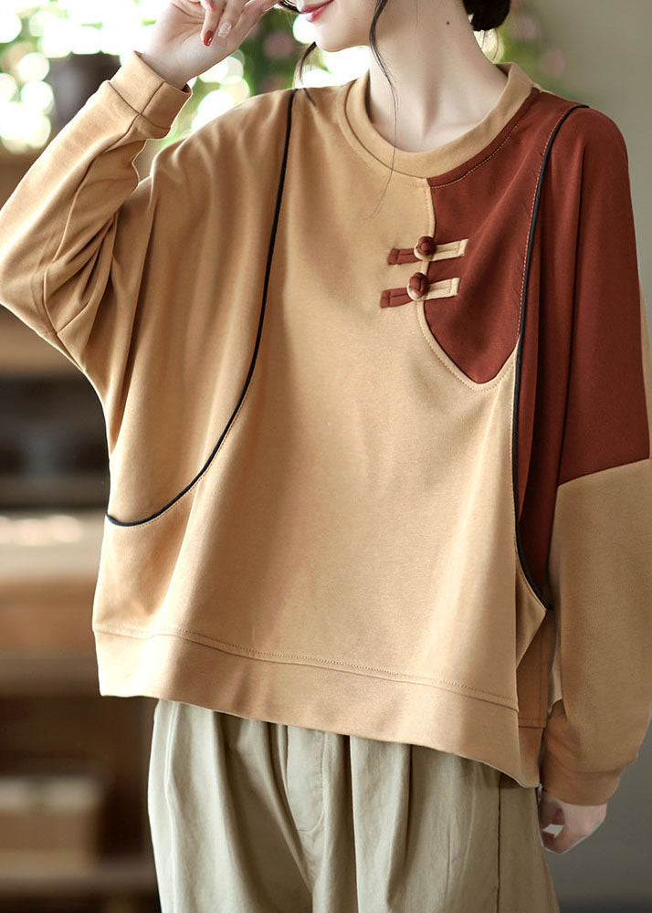Diy Khaki O-neck Patchwork Cotton Sweatshirts Top Spring