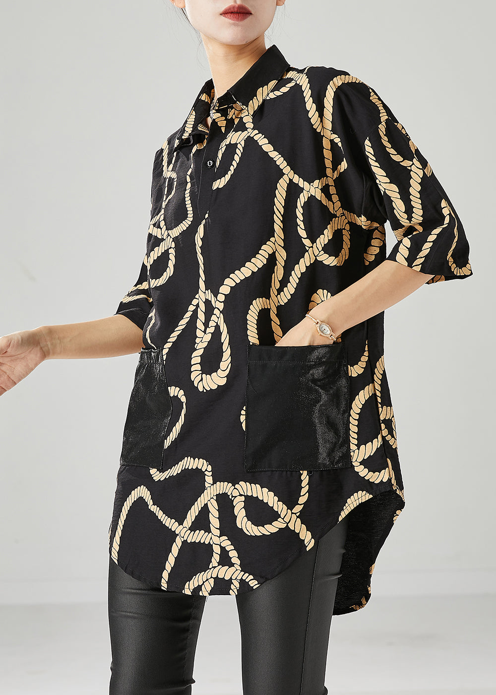 Black Print Pockets Cotton Shirts Half Sleeve