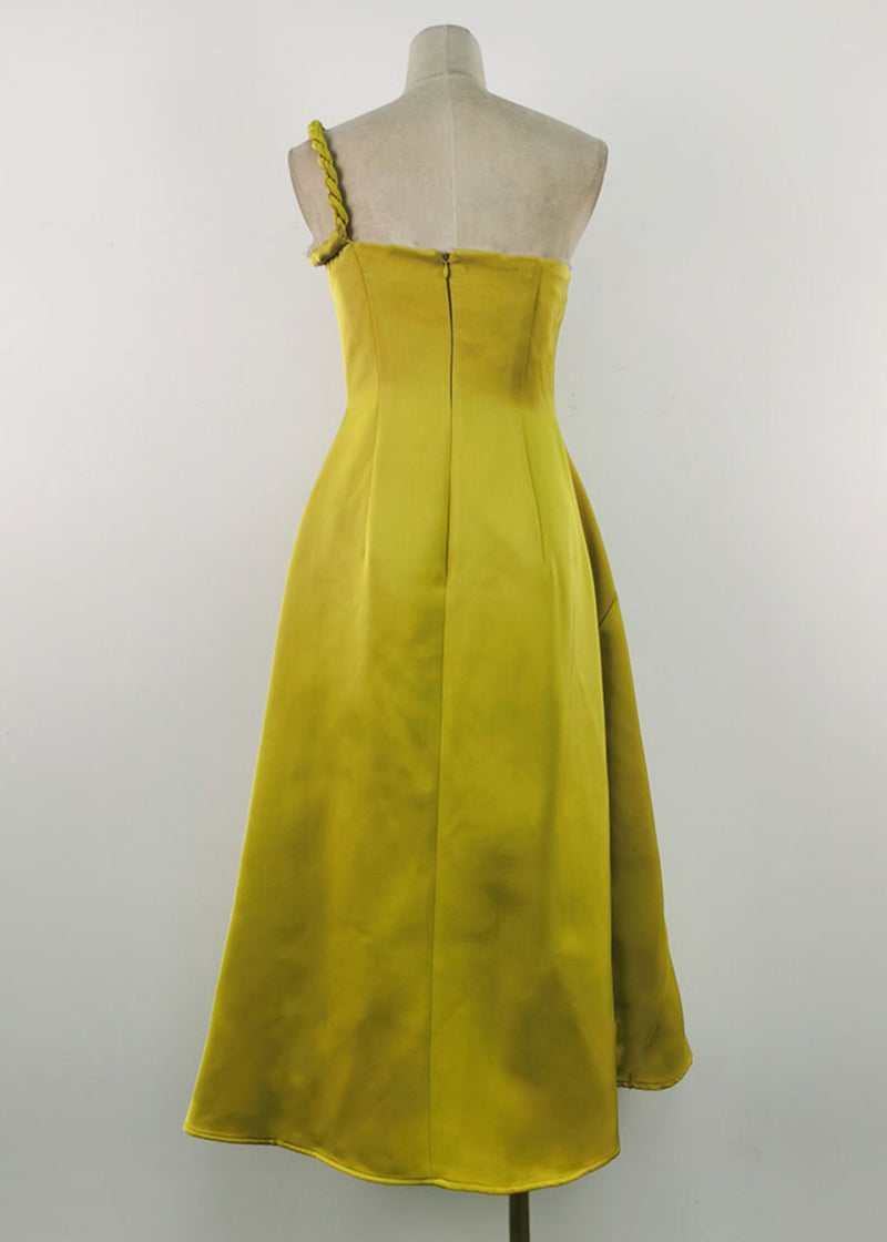 French Green Asymmetrical Silk Long Dress Sleeveless