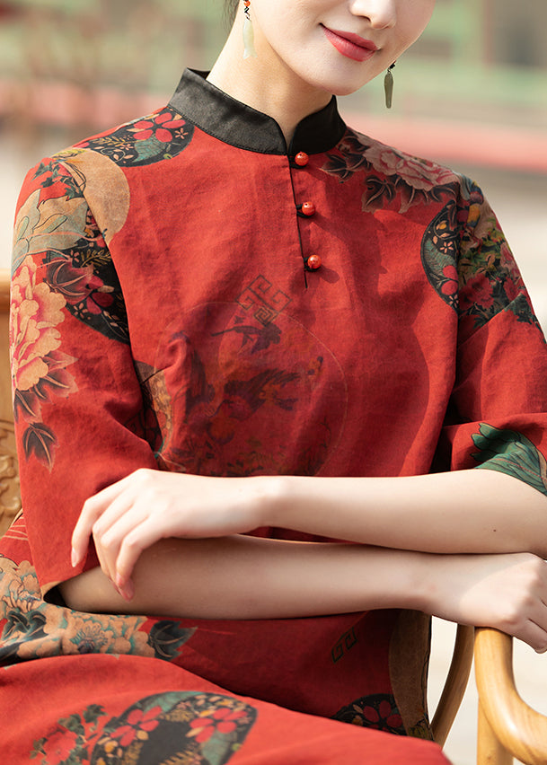 Red Stand Collar Print Pockets Silk Dresses Summer