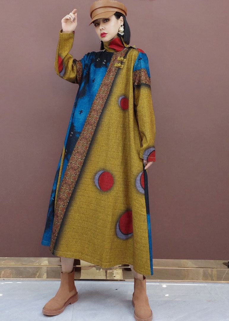 Khaki Dot Print Woolen Long Dresses Spring