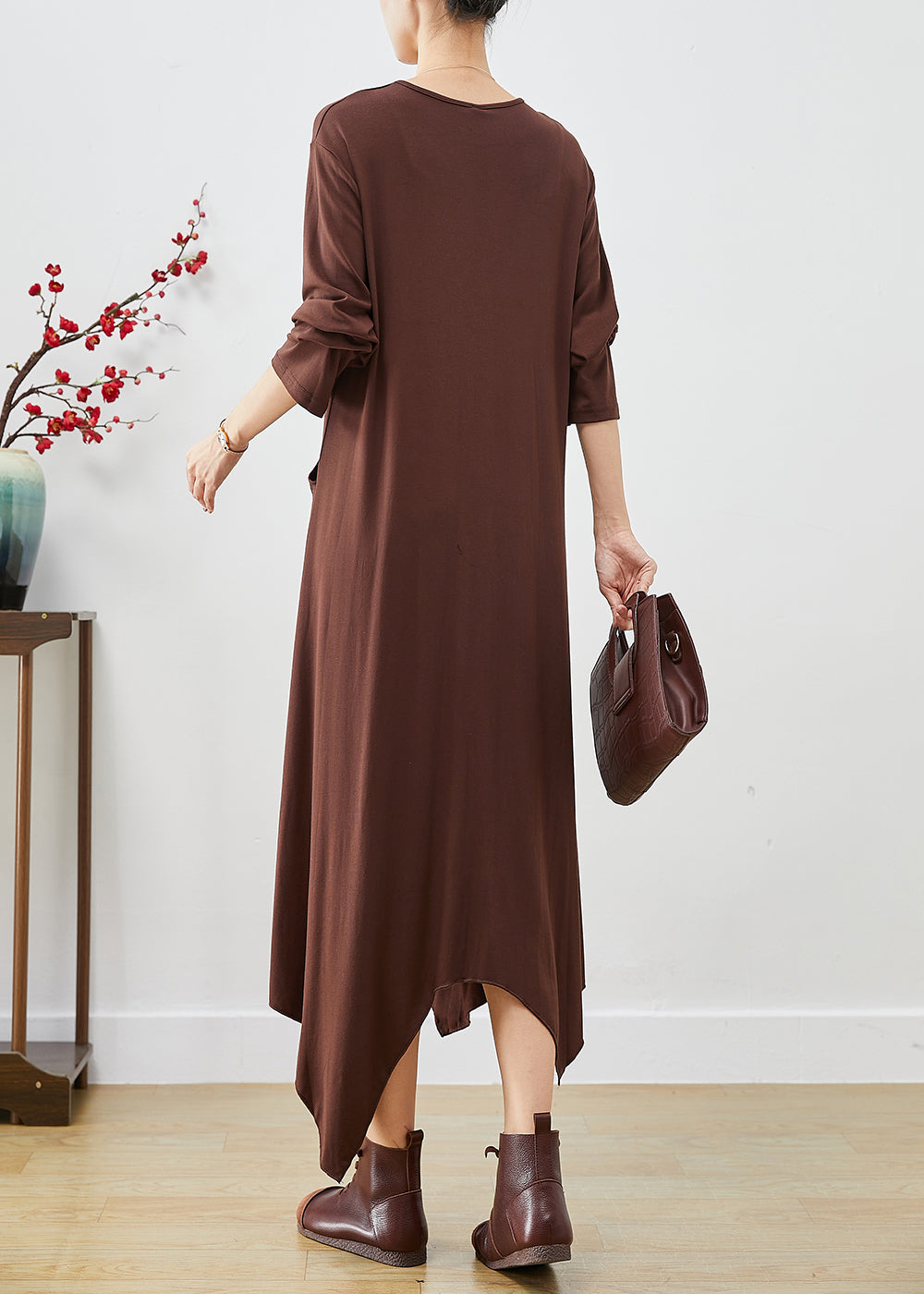 Chocolate Asymmetrical Oversized Cotton Dresses Fall