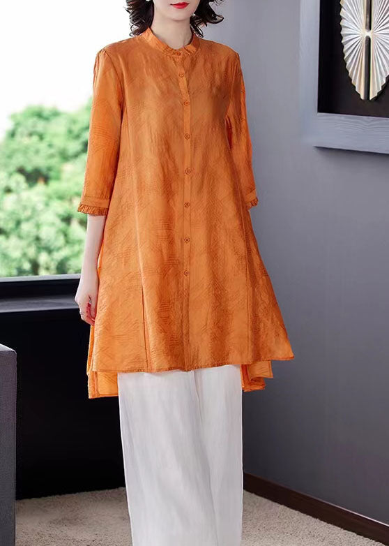 Boutique Yellow Stand Collar Tops and Pants Linen Two Piece Suit Set Spring