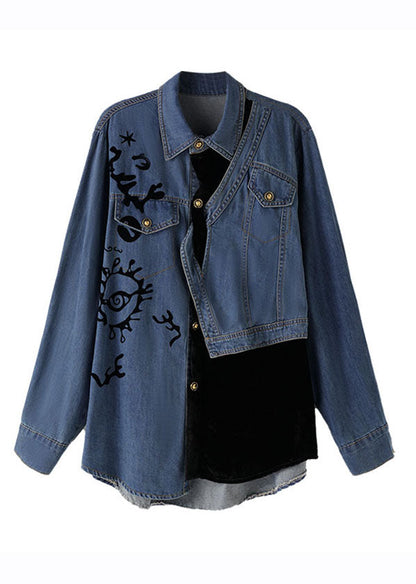 Denim Blue Peter Pan Collar Asymmetrical Print Button Cotton Coats Long Sleeve
