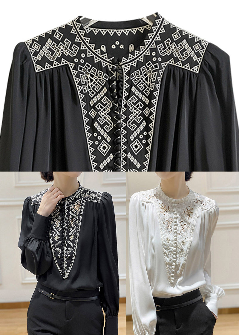 White O-neck Embroideried Silk Shirt Long Sleeve