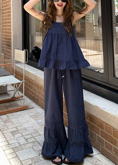 French Navy Ruffled Tops and Flare Bottoms Cotton Two Piece Set Sleeveless
