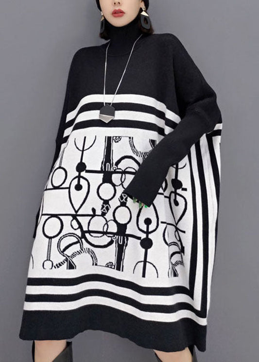Diy White Turtle Neck Print Knit Long Dresses Spring