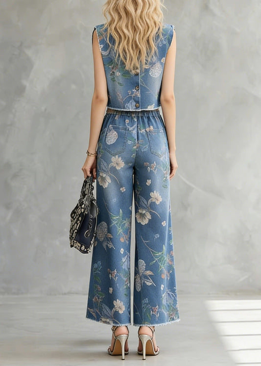 Stylish Blue O Neck Print Denim Two Pieces Set Summer