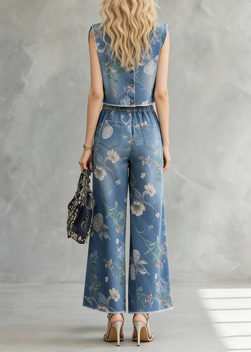Stylish Blue O Neck Print Denim Two Pieces Set Summer