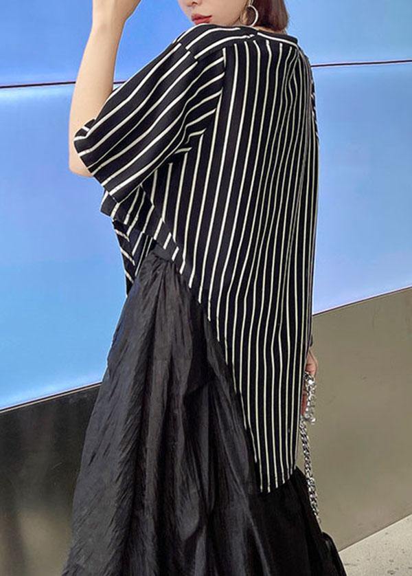 Stylish Black Striped Summer Asymmetrical Design Short Sleeve Tops