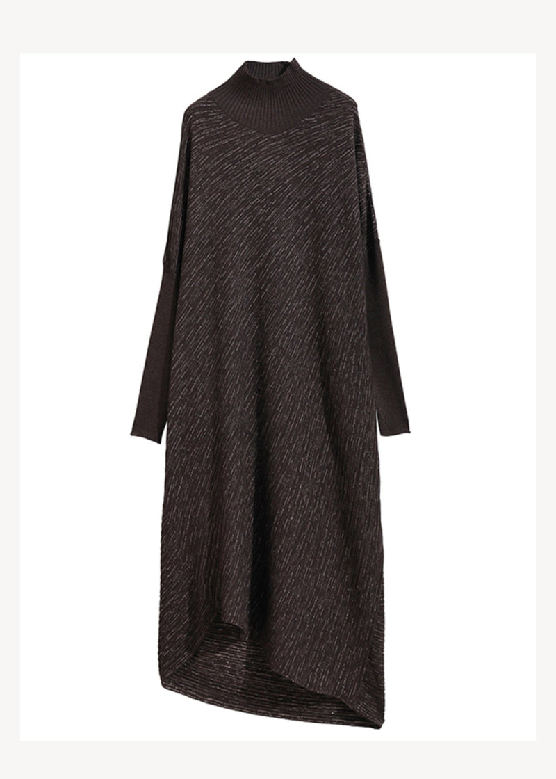 Chocolate Hign Neck Patchwork Woolen Sweater Dress Winter